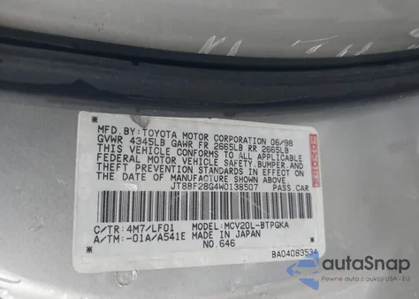 1998 Lexus Es 300 z USA, uszkodzony, nr VIN JT8BF28G4W0138507